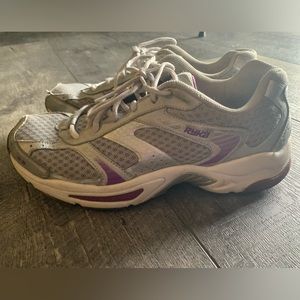 RYKA GYM SHOES, GREY WITH LAVENDER. SIZE 9.5. GOOD USED CONDITION.